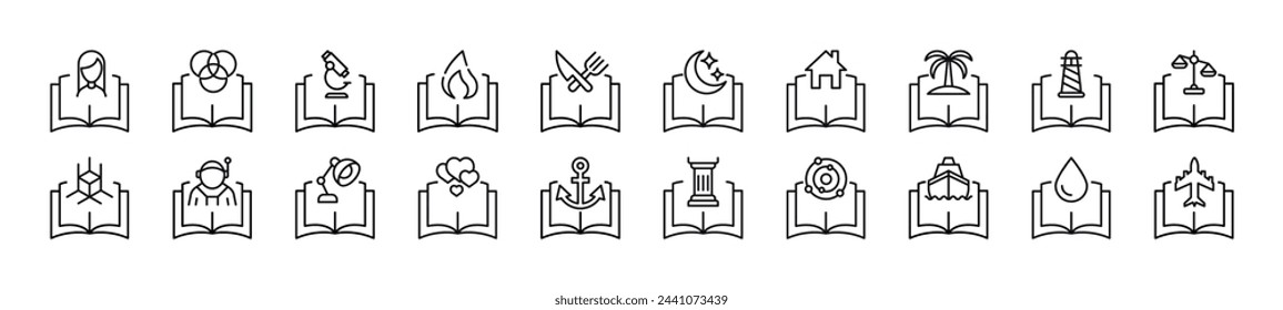 Pack of line icons of items over books. Editable stroke. Simple outline sign for web sites, newspapers, articles book
