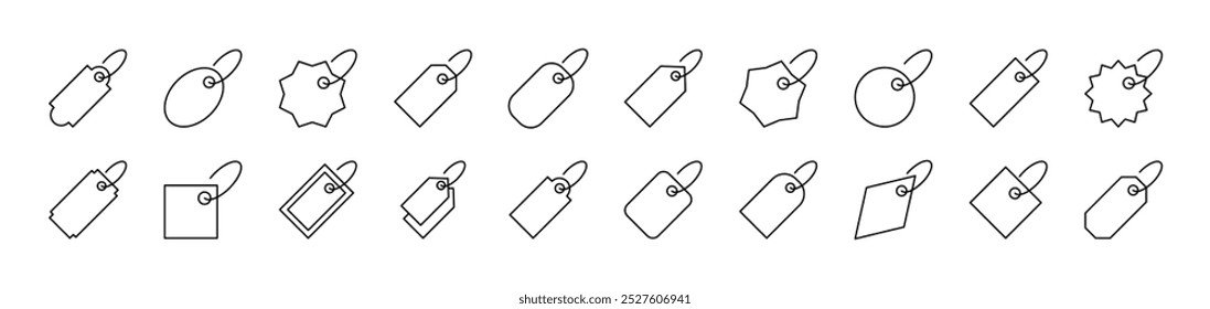 Paket mit Liniensymbolen von Label. Bearbeitbarer Strich. Minimalistisches lineares Piktogramm für das Design von Karten, Apps, Bannern, Posts