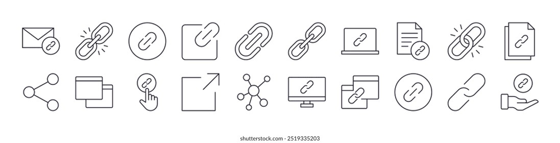 Pack de iconos de línea de Enlace y Compartir. Trazo Editable. Pictograma lineal minimalista para el diseño de tarjetas, App, Anuncios, publicaciones 