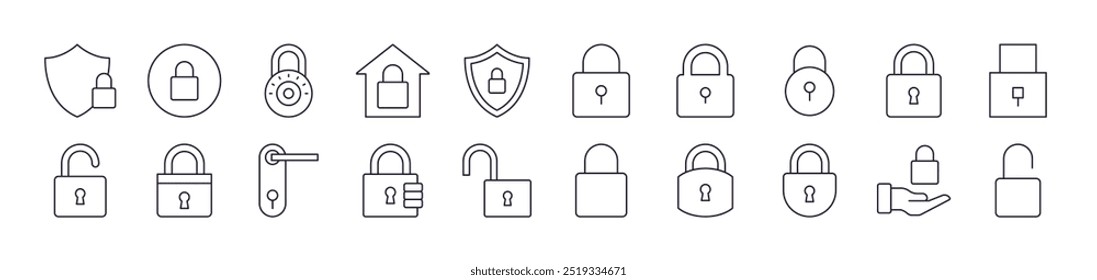 Paquete de iconos de línea de bloqueo. Trazo Editable. Pictograma lineal minimalista para el diseño de tarjetas, App, Anuncios, publicaciones