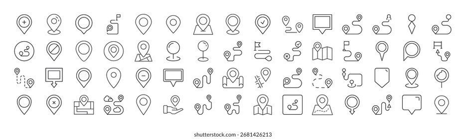Paquete de iconos de línea de mapa Pin. Pictograma lineal minimalista para Web y Diseño gráfico, App, Anuncios, redes sociales y tarjetas
