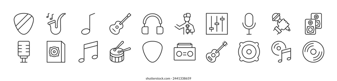 Pack of line icons of music. Editable stroke. Simple outline sign for web sites, newspapers, articles book