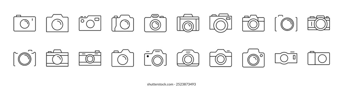 Pack of Line Icons of Photo Camera. Editable Stroke. Minimalistic Linear Pictogram for Design of Cards, Apps, Banners, Posts