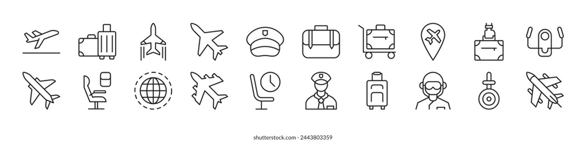 Paquete de iconos de línea de piloto. Trazo editable. Signo de esquema simple para sitios web, periódicos, libros de artículos