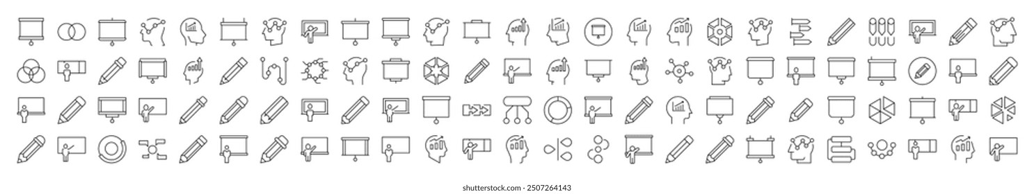 Paquete de iconos de línea de presentación, lluvia de ideas, lápiz, diagrama. Trazo Editable. Pictograma lineal minimalista para el diseño de tarjetas, App, Anuncios, publicaciones