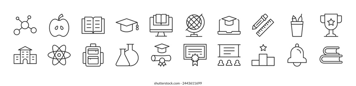 Pack of line icons of school, college, university. Editable stroke. Simple outline sign for web sites, newspapers, articles book