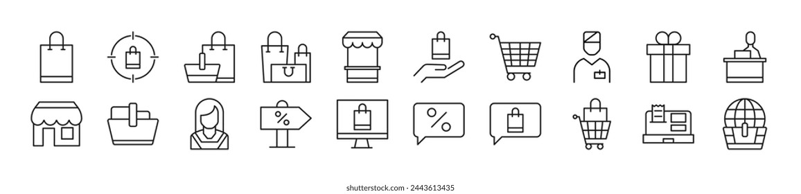 Pack of line icons of seller. Editable stroke. Simple outline sign for web sites, newspapers, articles book