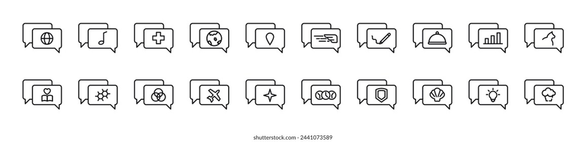 Pack of line icons of speech bubble. Editable stroke. Simple outline sign for web sites, newspapers, articles book