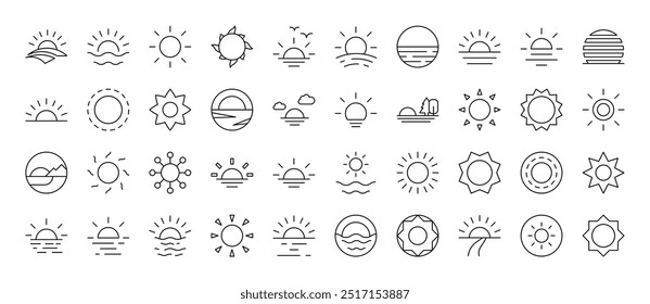 Paket mit Liniensymbolen von Sun. Bearbeitbarer Strich. Minimalistisches lineares Piktogramm für das Design von Karten, Apps, Bannern, Posts 