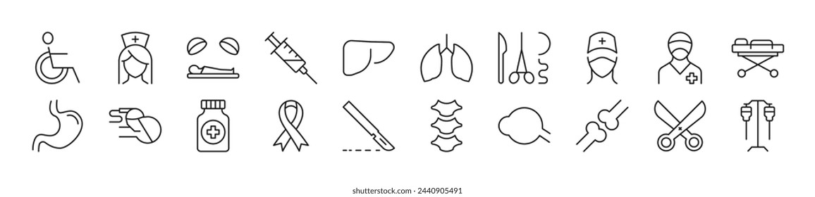 Pack of line icons of surgeon. Editable stroke. Simple outline sign for web sites, newspapers, articles book