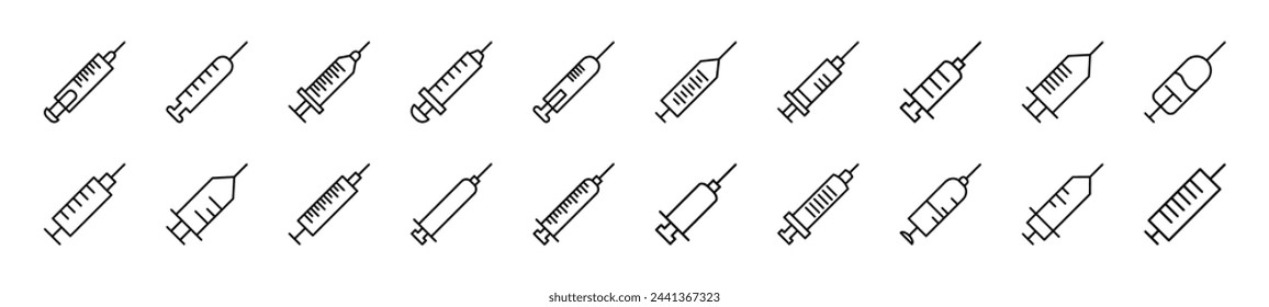 Pack of line icons of syringe. Editable stroke. Simple outline sign for web sites, newspapers, articles book