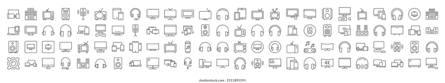 Pack of Line Icons of Tv Set, Speaker, Headset, Computer. Editable Stroke. Minimalistic Linear Pictogram for Design of Cards, Apps, Banners, Posts