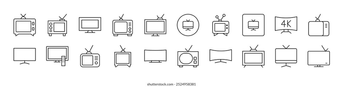 Pacote de Ícones de Linha do Conjunto de Tv. Traço editável. Pictograma Linear Minimalista para Design de Cartões, Aplicativos, Banners, Posts