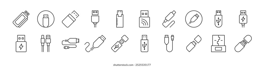 Paquete de iconos de línea de cable USB. Trazo Editable. Pictograma lineal minimalista para el diseño de tarjetas, App, Anuncios, publicaciones