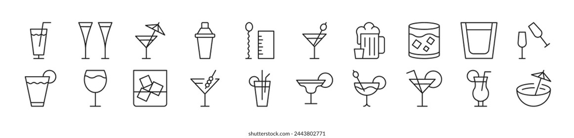 Pack of line icons of various beverages. Editable stroke. Simple outline sign for web sites, newspapers, articles book