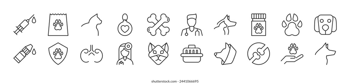 Pack de iconos de línea de veterinaria. Trazo editable. Signo de esquema simple para sitios web, periódicos, libros de artículos