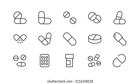 Pack of line pills  icons. Premium signs for web, apps, sites and UI. Editable vector. Outline objects. 