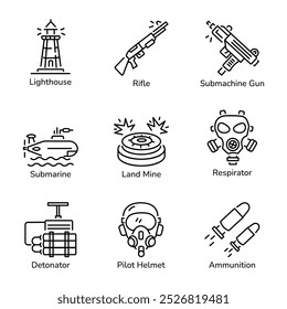 Paquete de iconos de equipo de ejército de estilo lineal 

