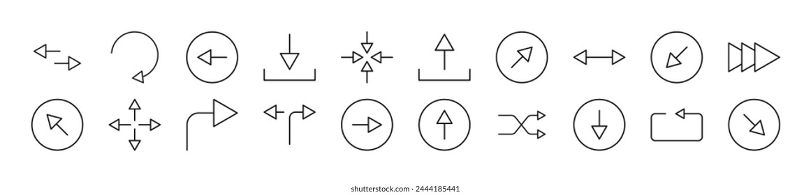 Pack of linear symbols of arrows. Editable stroke. Linear symbol for web sites, newspapers, articles book