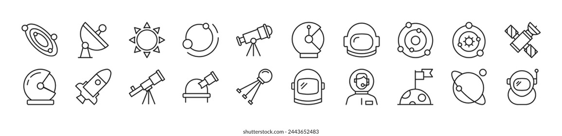 Pack of linear symbols of astronaut. Editable stroke. Linear symbol for web sites, newspapers, articles book