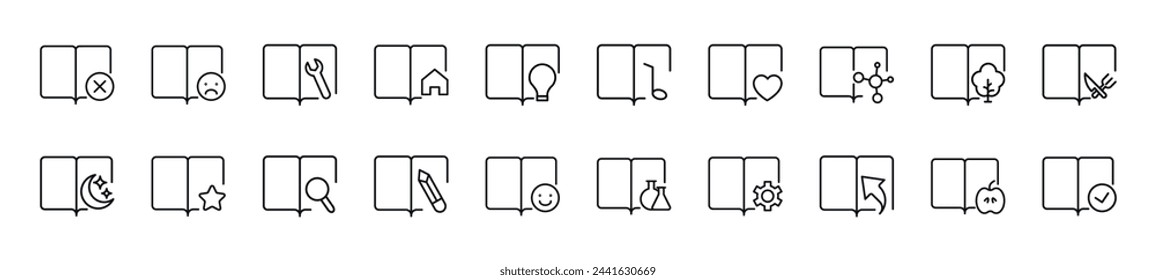 Pack of linear symbols of books with various items. Editable stroke. Linear symbol for web sites, newspapers, articles book
