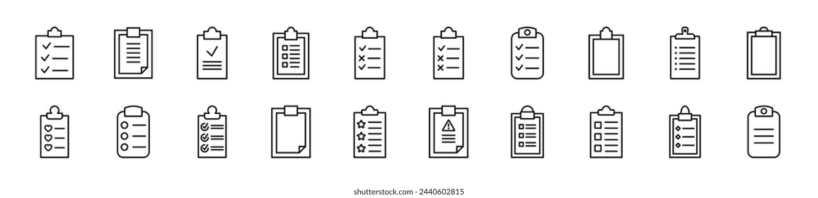 Pack of linear symbols of clipboard. Editable stroke. Linear symbol for web sites, newspapers, articles book