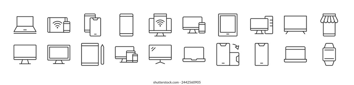 Paquete de símbolos lineales de computadoras, teléfonos, computadoras portátiles. Trazo editable. Símbolo lineal para sitios web, periódicos, libros de artículos