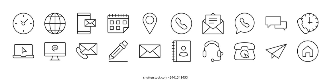 Pack of linear symbols of contact us. Editable stroke. Linear symbol for web sites, newspapers, articles book