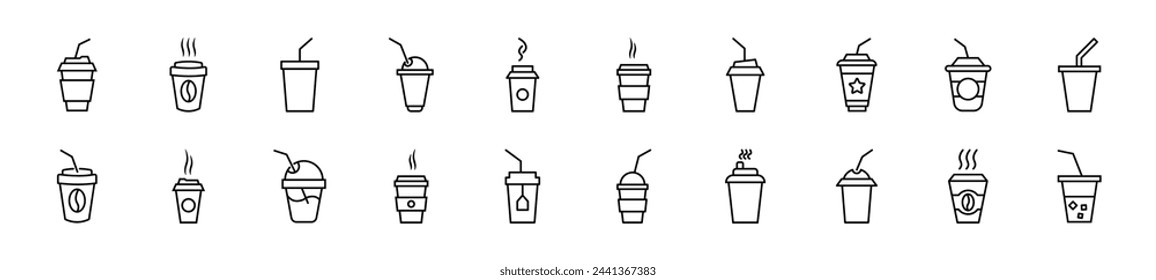 Pack of linear symbols of disposable cup. Editable stroke. Linear symbol for web sites, newspapers, articles book