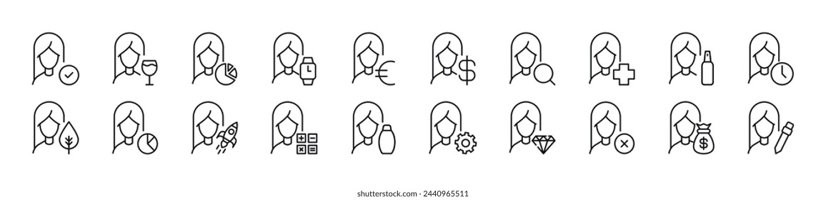 Pack of linear symbols of female user by items. Editable stroke. Linear symbol for web sites, newspapers, articles book