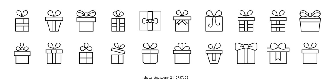 Pack of linear symbols of giftbox. Editable stroke. Linear symbol for web sites, newspapers, articles book