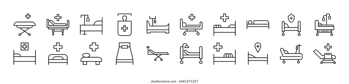 Pack of linear symbols of hospital bed. Editable stroke. Linear symbol for web sites, newspapers, articles book