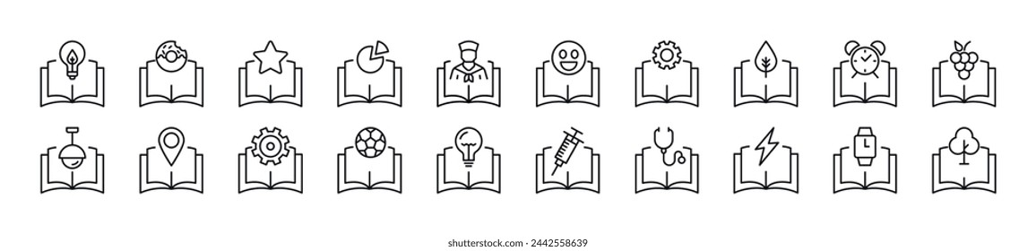 Pack of linear symbols of items over books. Editable stroke. Linear symbol for web sites, newspapers, articles book