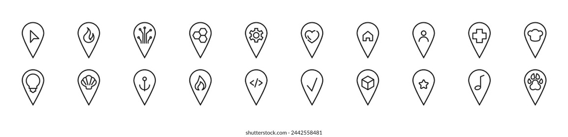 Pack of linear symbols of map pin. Editable stroke. Linear symbol for web sites, newspapers, articles book