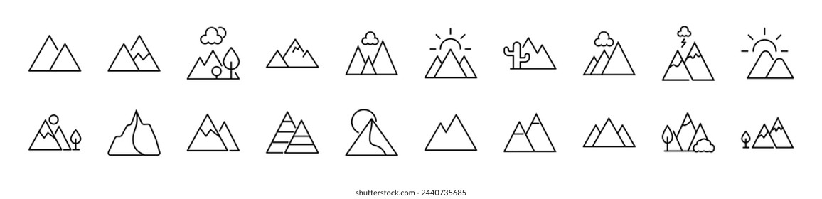 Pack de símbolos lineales de montaña. Trazo editable. Símbolo lineal para sitios web, periódicos, libros de artículos