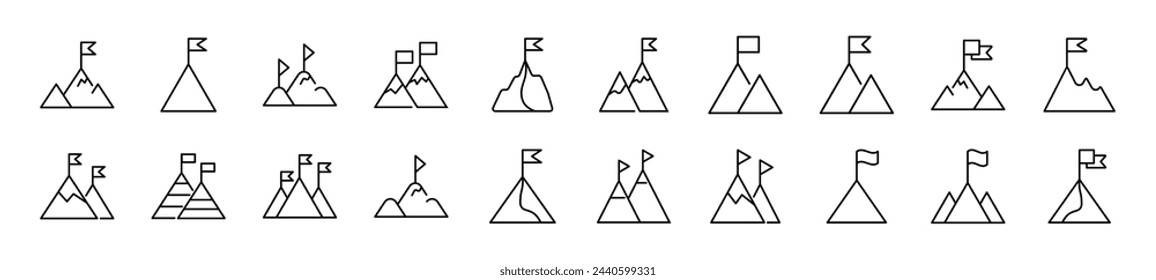 Pack of linear symbols of mountain with flag on top. Editable stroke. Linear symbol for web sites, newspapers, articles book