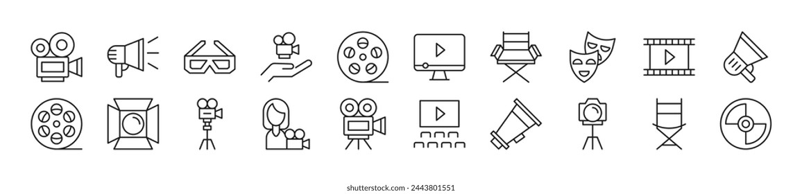 Pack of linear symbols of movie. Editable stroke. Linear symbol for web sites, newspapers, articles book