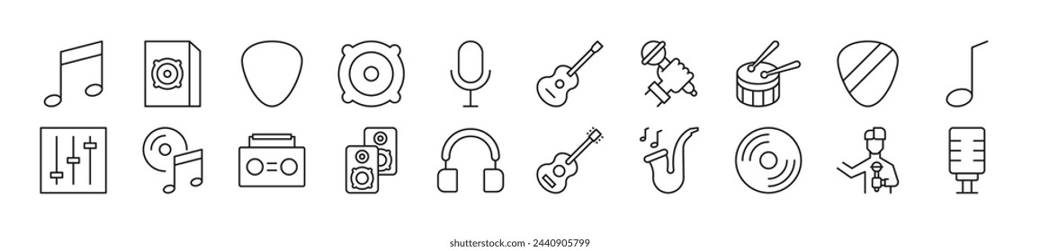 Pack of linear symbols of music. Editable stroke. Linear symbol for web sites, newspapers, articles book