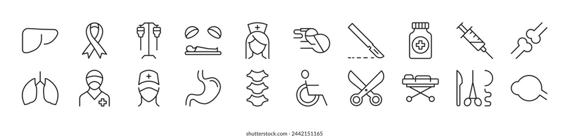 Pack of linear symbols of surgeon. Editable stroke. Linear symbol for web sites, newspapers, articles book