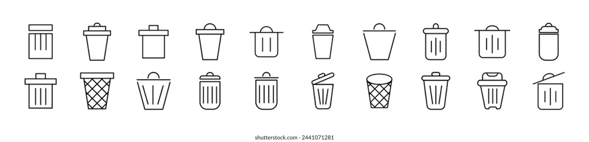 Pack of linear symbols of trash can. Editable stroke. Linear symbol for web sites, newspapers, articles book