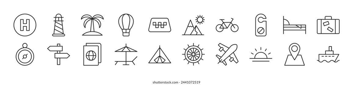 Pack of linear symbols of travel. Editable stroke. Linear symbol for web sites, newspapers, articles book
