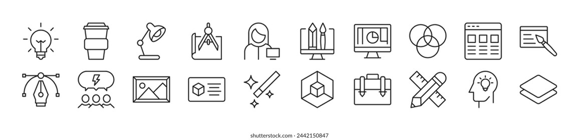 Pack of linear symbols of web designer. Editable stroke. Linear symbol for web sites, newspapers, articles book