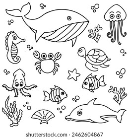 pack of lineart sea creature cartoon vector illustration collection isolated in white background