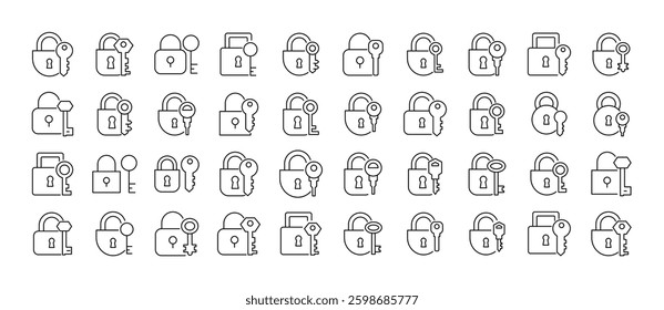 Pack of Lock and Key Related Line Icons. Outline Signs for Graphic and Web Design, Apps, Adverts, Various Cards