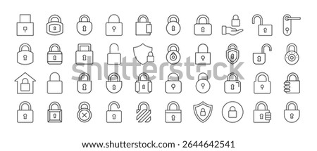Pack of Lock Related Line Icons. Door and Padlock Outline Signs for Graphic and Web Design, Apps, Adverts, Various Cards 