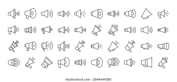 Pacote de alto-falante ícones de linha relacionados. Outline Signs para Gráficos e Web Design, Apps, Anúncios, Vários Cartões 