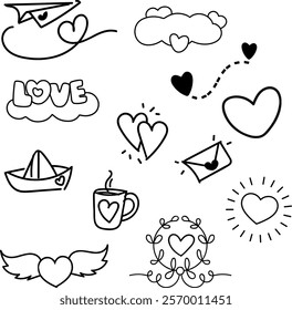 Pack love heart drawing with lines design