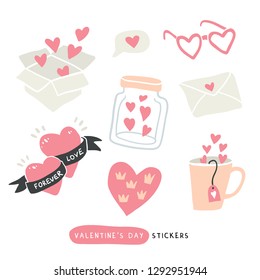 Pack of love stickers with hearts. Hand drawn hearts, words, mug, bottle, box in doodle style. Love concept. Freehand drawing. Valentines day decoration elements. - Vector