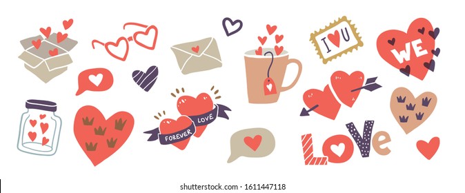 Pack of love stickers with hearts. Hand drawn hearts, words, mug, bottle, box in doodle style. Love concept. Template for stickers, greeting scrapbooking, congratulations, Invitations, planners.