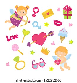 Pack of love stickers with Lovely Boy and girl cupids, hearts, star, lip, ring.  Love concept. Freehand drawing. Valentines day decoration elements.